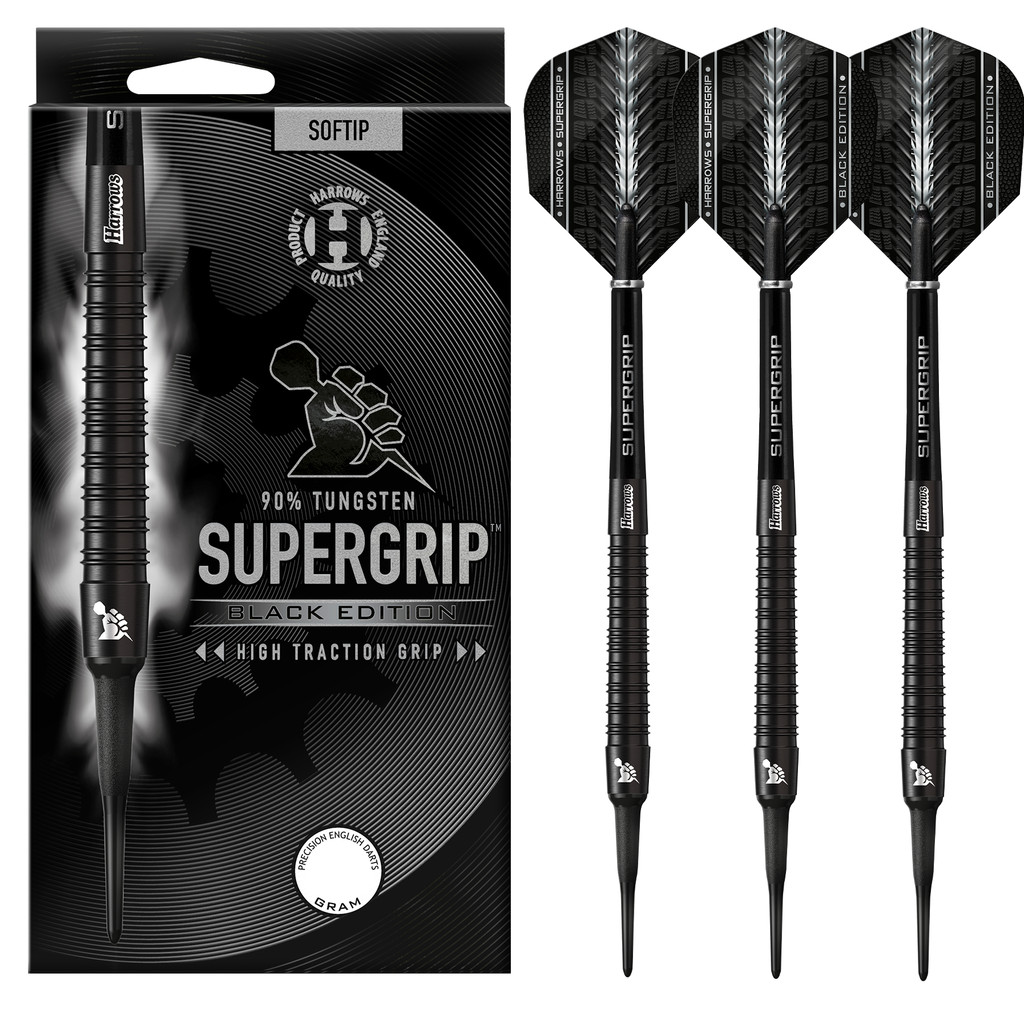 Fléchettes-Harrows-Supergrip-Black-Edition-90%-Tungstène-pointe-nylon-20g