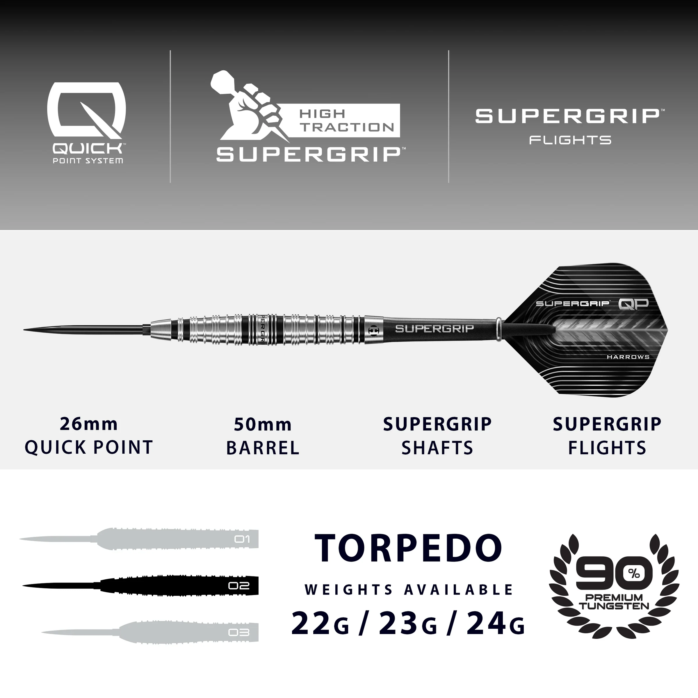 Harrows-steeltip-Supergrip-QP-Torpedo-90-tungsten
