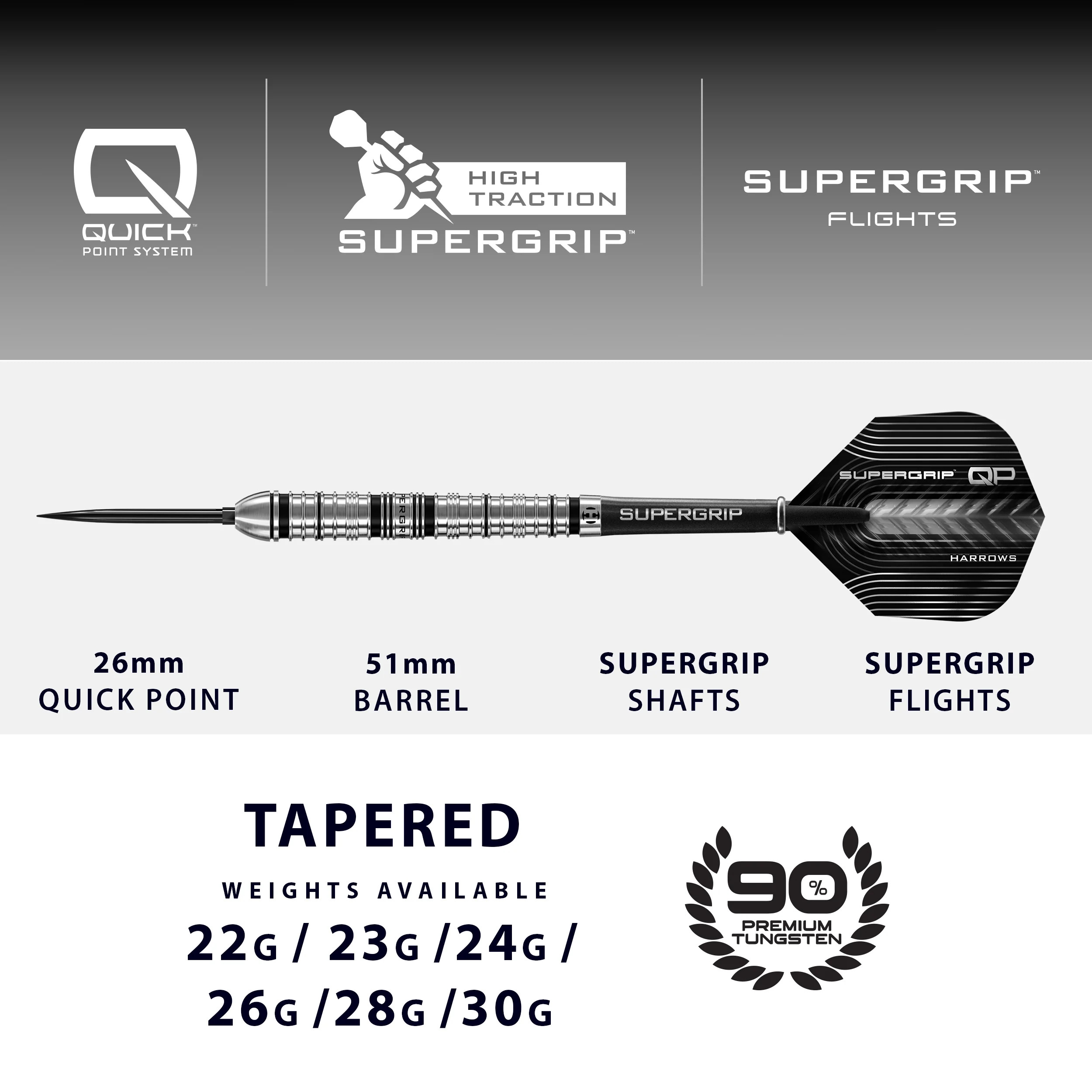 Harrows-steeltip-Supergrip-QP-Tapered-90-tungsten-1
